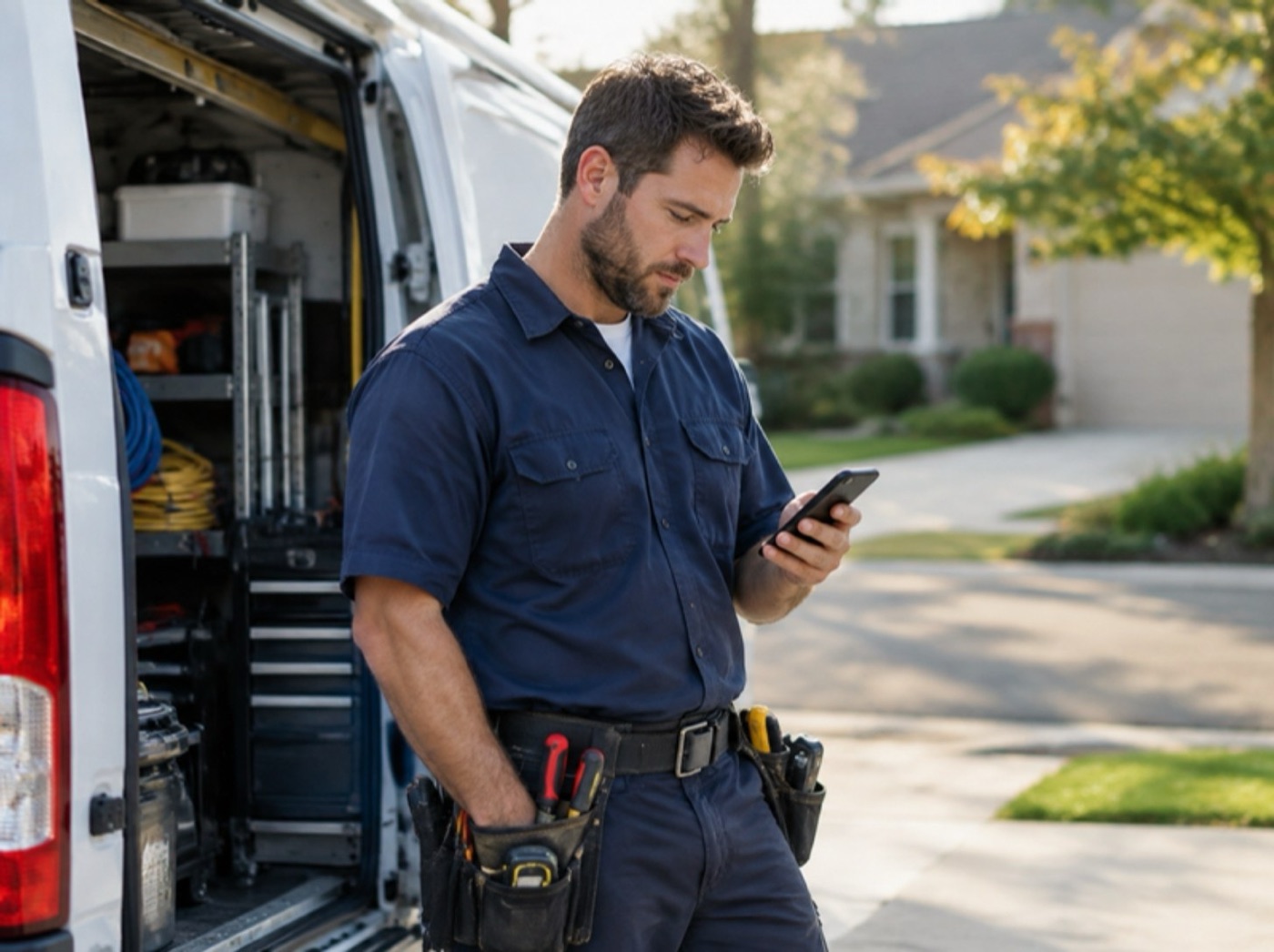 A Dana's technician checking the next job on his phone beside the van