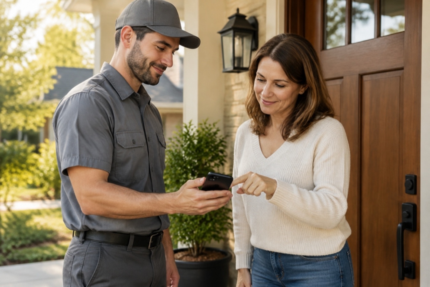 A technician showing a customer her quote on his phone at the front door