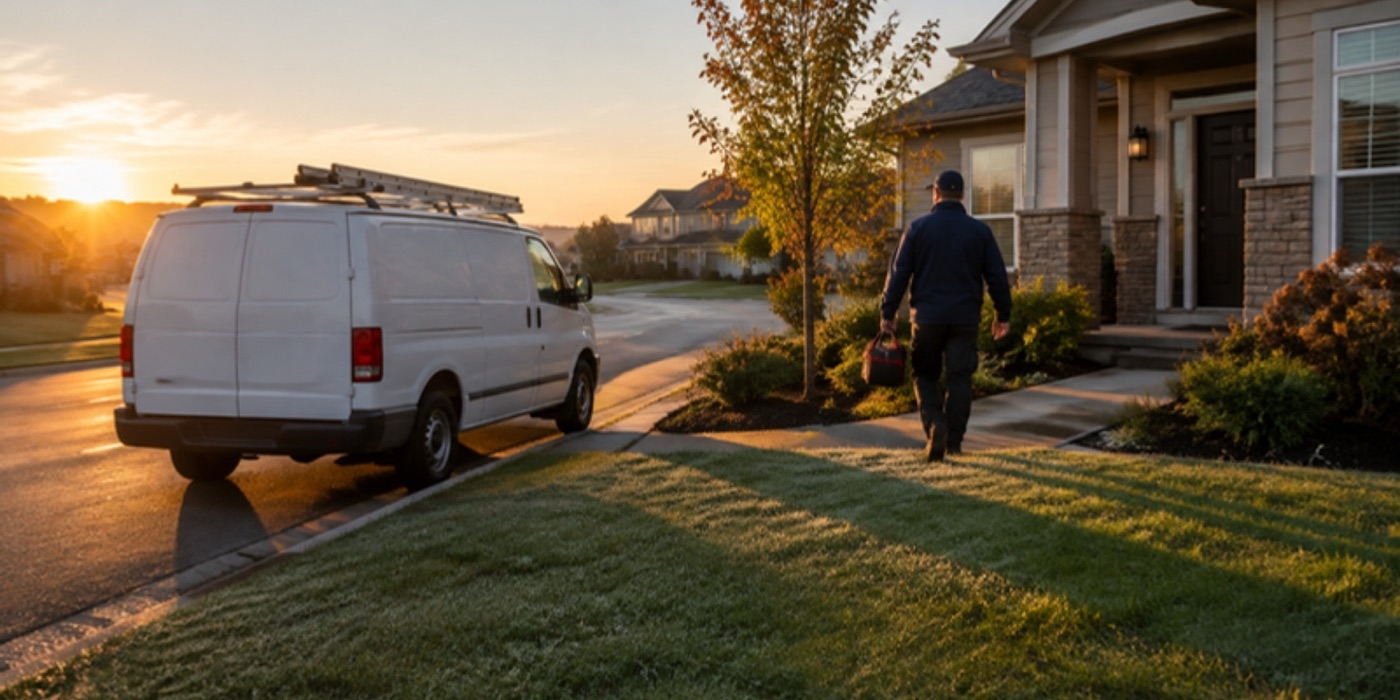 A Dana's van parked outside a customer's home at sunrise